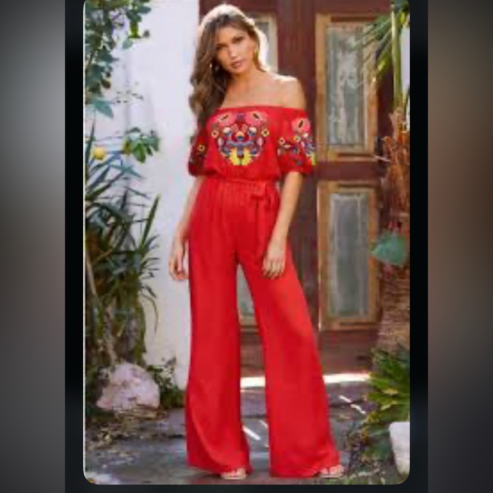 BOSTON PROPER VA VA BY JOY HAN Red Boho Floral Off The Shoulder
Jumpsuit - Picture 3 of 6